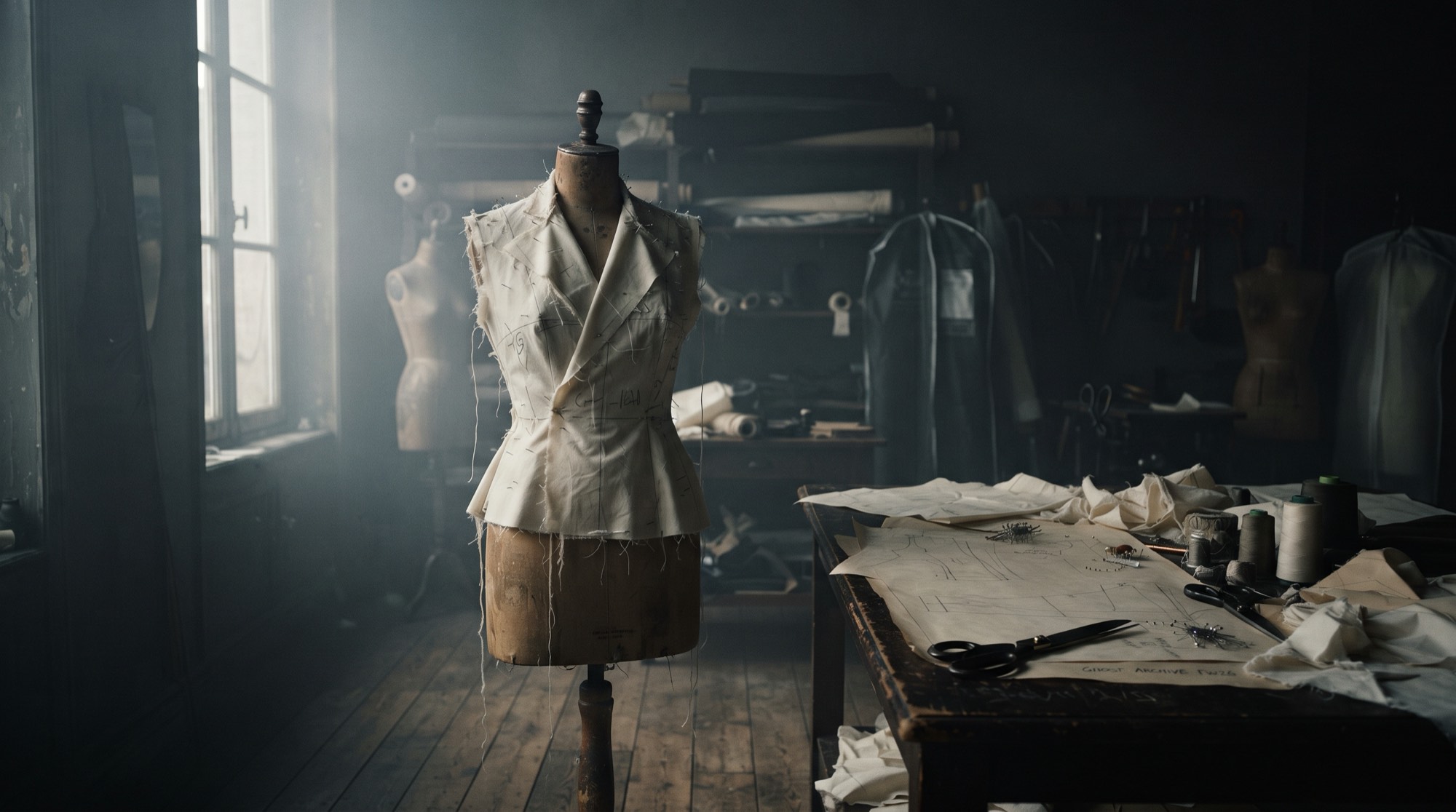 A dress form draped with unfinished muslin toile in a dark atelier, dust hanging in a shaft of pale window light.