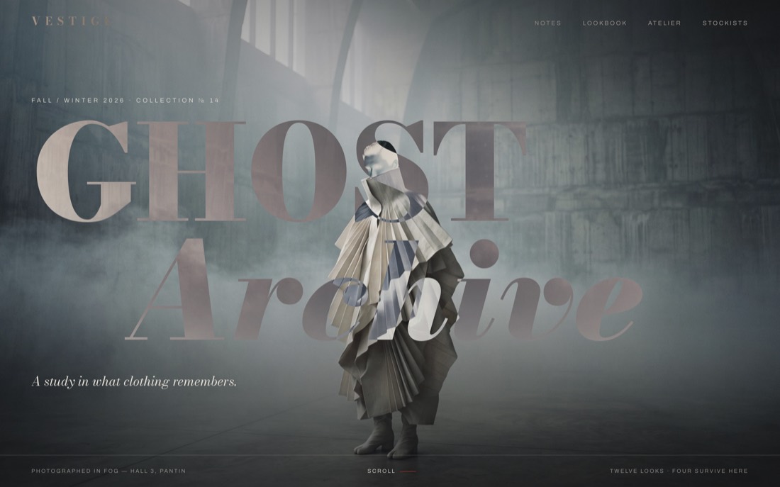 Screenshot of the finished desktop hero: the words GHOST Archive in Bodoni Moda over a fog-filled hall.