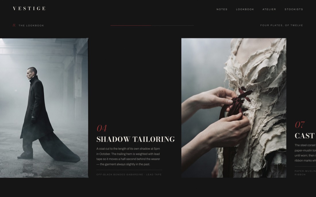 Screenshot of the horizontal lookbook mid-scroll, two plates visible with oxblood numerals.
