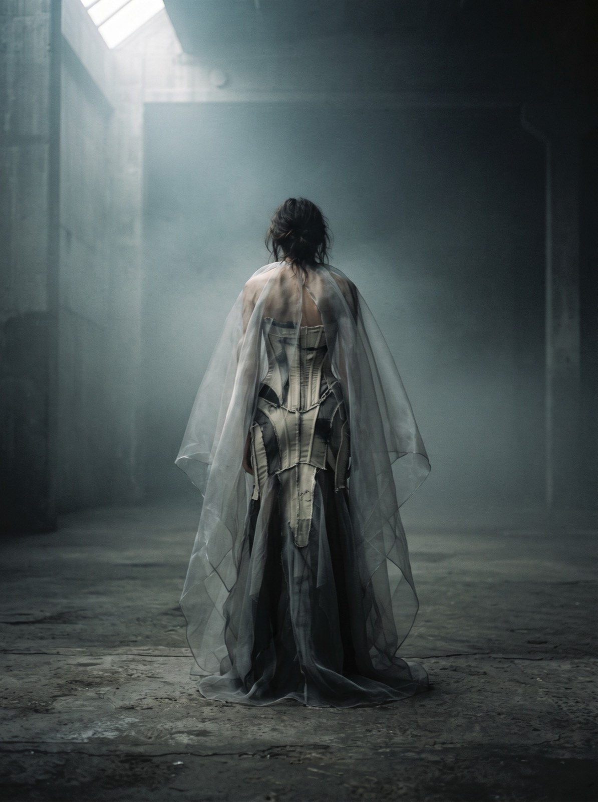 A model seen from behind in a translucent grey organza cape over a bone corset dress, dissolving into fog.